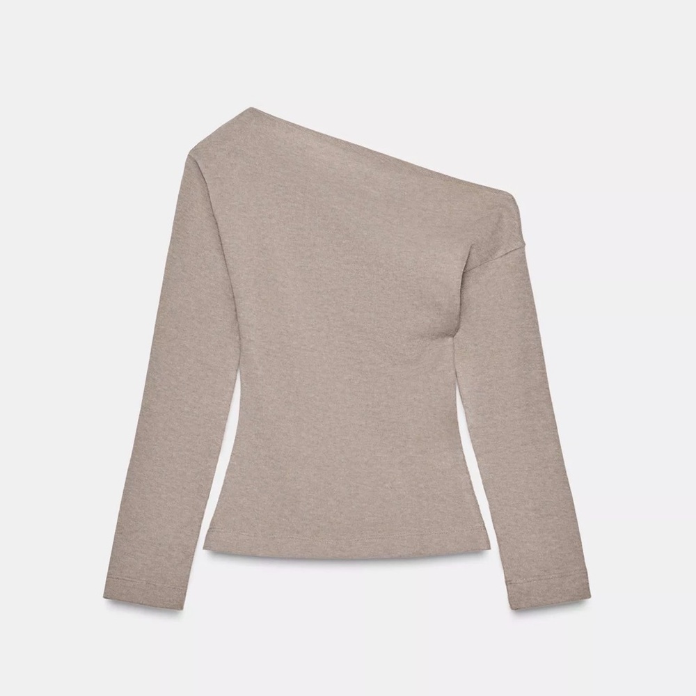 Zara Tan One-Shoulder Long Sleeve Top